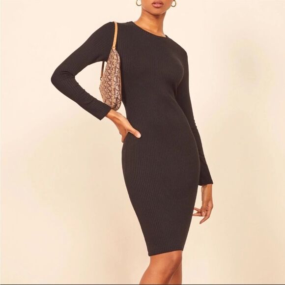 Reformation Wednesday NWOT Ribbed Mini Dress Long Sleeves Crew Neck Black - Picture 2 of 9